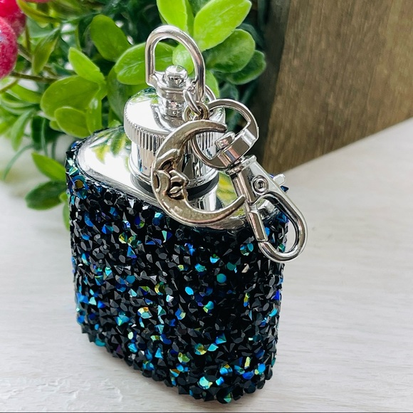 MINI FLASK crystal encrusted keyring IRIDESCENT keyfob CELESTIAL mini flask Blue - Picture 2 of 11